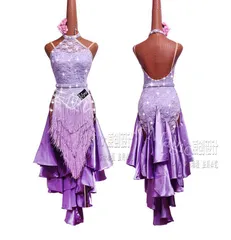 【新品未使用】高級定制 ラテンドレス 紫 レース スパンコール フリンジ付 ステージ衣装 社交ダンス 競技用 ワンピース XS～XXLサイズ カスタム可 CWF1205P364