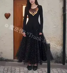 【新品未使用】モダンダンスドレス 社交ダンス 練習用ワンピース ステージ衣装 フレアスカート スパンコール ロングスリーブ ワンピース 女性用舞台衣装 CWF1205P745