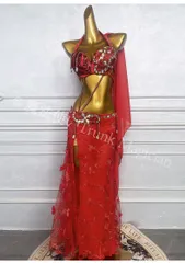 【新品未使用】ベリーダンス オリエンタル衣装 薔薇 レッド ブラ スカート オーダーメイド CWF1205P004