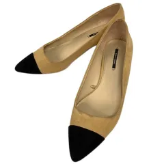 ザラ ベーシック ZARA BASIC パンプス ポインテッドトゥ チャンキーヒール 切替 38 スエード ベージュ ブラウン 茶 ブラック 黒