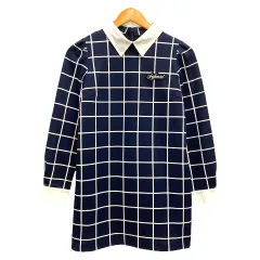 SISTER JENNI ワンピース チェック ロゴ ワッペン 長袖 膝丈 150 紺 ネイビー 白 ホワイト 女の子