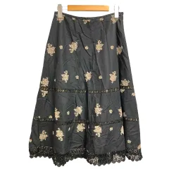 ローラアシュレイ LAURA ASHLEY スカート フレア レース 刺繍 ミモレ丈 9 黒 ブラック ベージュ