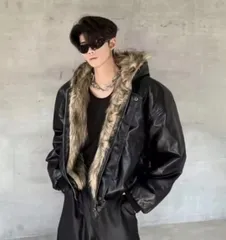 PUレザー フード付きジャケット　リバーシブル　ユニセックス