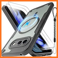 【新品】 Pixel 9Aケース用Magsafe対応磁気スリム耐衝撃保護ケース、ランヤードストラップと2*9 h強化ガラスのスクリーンプロテクターとバック半透明のマット電話カバー6.3インチ(ブラック) 1