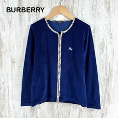 BURBERRY LONDON バーバリーロンドン ホースロゴ刺繍 ノバチェック ベロア フルジップアップ カーディガン 長袖 ブルー