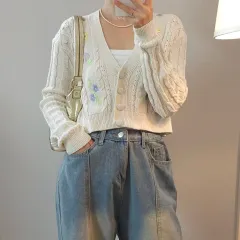 ZARA レディース フラワー 刺繍 クロップド 長袖 カーディガン J4M2623