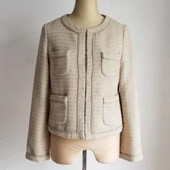 グリーンレーベル リラクシング ☆ ツイード ノーカラー ジャケット 36 キナリ系 フォーマル green label relaxing ユナイテッドアローズ