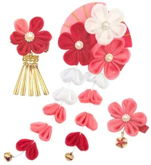 【特価商品】紫 青 ピンク 【6色展開】赤 黒 緑 和玉 鈴付き 可愛い 成人式 浴衣 桜デザイン 袴 着物 3点セット 振袖用 つまみ細工 和装 手作り 髪飾り 専用ケース付き 七五三 卒業式 結婚式用 [JZOON] H5800