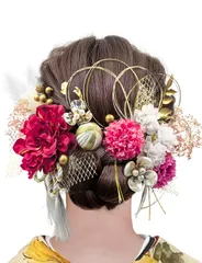 【在庫処分】DJJ06 鮮紅色 ナチュラル 七五三 結婚式 ヘッドドレス 袴 振袖 和装 金箔 水引 卒業式 ドライフラワー タッセル ダリア 成人式 髪飾り [Doscpe]