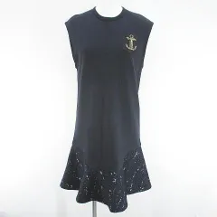 ヌメロヴェントゥーノ N°21 ノースリーブ 膝上 ミニ フレアワンピース ワンピース 絹 シルク 紺系 ネイビー ビジュー リボン レース 刺繍 切替