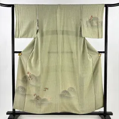 付下げ 身丈156cm 裄丈62cm S 袷 花唐草 霞 刺繍 金銀彩 灰緑 正絹 秀品 【中古】