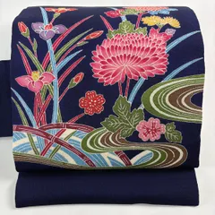 【美品】 名古屋帯 秀品 草花 流水 縮緬 青紫 正絹 【中古】