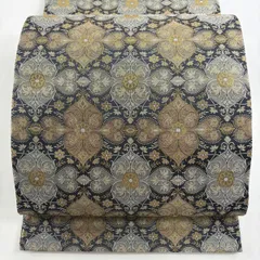 【美品】 袋帯 名品 全通 草木染 幾何学模様 草花 箔 黒灰 全通 正絹 【中古】