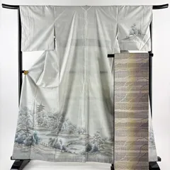 【美品】 付下げ 身丈163cm 裄丈66cm M 袷 紬地 袋帯セット 落款 興福寺 水辺の風景 灰緑 正絹 秀品 【中古】
