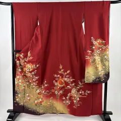 振袖 身丈161cm 裄丈65cm M 袷 草花 流水 金彩 ぼかし 赤 正絹 秀品 【中古】