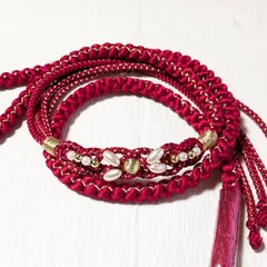 振袖用★帯締め 美品 深い赤 パール 正絹 成人式 振袖 飾り結び 106