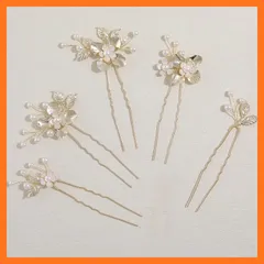【新品】 Famihot 髪飾り ヘアアクセサリー 花 木の葉モチーフ パールヘアピン 5本セット Uピン ヘッドドレス ウェディング 結婚式 お呼ばれ 披露宴 卒業式 発表会 和装用 手作り髪飾り 合金製 (02) 0