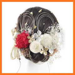 【新品】 [NANA手作り]髪飾り 紫陽花 かすみ草 ソーラーローズ 紐リボン 和玉 水引 金箔 かわいい 成人式 七五三 花火大会 浴衣 卒業式 夏祭り 0