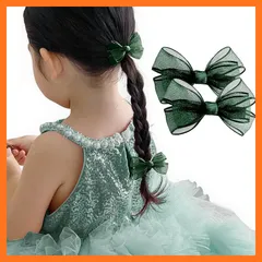【新品】 GFun 髪飾り リボン 小さめ 子供 クリップ ヘアアクセサリー バレッタ チュール 袴 卒園式 結婚式 発表会 浴衣 洋服 緑 2個セット 1