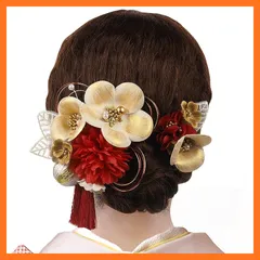 【新品】 [OTAKUMARKET] 髪飾り 成人式 2点セット 袴 卒業式 花 浴衣 振袖 七五三 着物 和装 結婚式 着物 髪 飾り 髪留め 水引細工 高級造花 ヘアアクセサリー 3カラー (赤 × 白金) 1