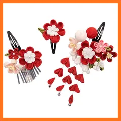 【新品】 OTAKUMARKET 七五三 髪飾り 成人式 3点セット 振袖 浴衣 和装 つまみ細工 髪 飾り 着物 髪飾り 袴 卒業式 結婚式 鈴付き 三歳 七歳 女の子 ガールズ 4カラー (赤) 0