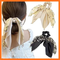 【新品】 [Herbeluemily] シュシュ リボン 髪飾り 大きめ 髪ゴム 花柄 パール ヘアゴム 大人 ヘアアレンジ 2D ブラック・ベージュ HM-0073-R02-2D 1
