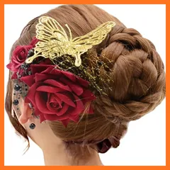 【新品】 和風 髪飾り 浴衣 卒業式 成人式 和装 結婚式 七五三 バラ 胡蝶 パーティー 謝恩会 お正月 花火大会 花 ドライフラワー ヘアアクセサリー (red) 1