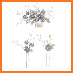 【新品】 髪飾り 結婚式 ヘアアクセサリー ヘッドドレス 3点セット パール フラワー コーム Uピン ヘアピン かんざし ウェディング 着物 披露宴 二次会 卒業式 入学式 パーティー 和装用髪飾り 浴衣 成人式 (青) 0