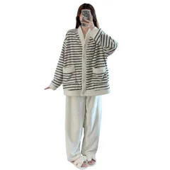 【新着商品】[SIPERLARI] パジャマ レディース 上下セット ルームウェア 加厚い 両面起毛パジャマ 前開き もこもこ 長袖カーディガン 暖かい 着る毛布 寝巻き 防寒対策 軽量 ストライプ 部屋着 クリスマス プレゼント ギフト 秋 冬