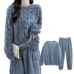 【人気商品】丸首 肌に優しい フランネル 暖かい ケーブル柄 ロングパンツ 可愛い 無地 2点セット あったか 厚手 パジャマ セットアップ セットアップ 部屋着 ふわふわ もこもこ 防寒 レディース 保温 ルームウェア 秋冬 [Baobird]