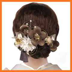 【新品】 [OTAKUMARKET] 髪飾り 成人式 2点セット 袴 卒業式 花 浴衣 振袖 七五三 着物 和装 結婚式 着物 髪 飾り 髪留め 水引細工 高級造花 ヘアアクセサリー 3カラー (白 ×黒茶金) 0