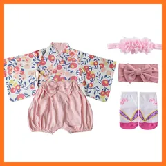 【新品】 [SLINX] 赤ちゃん ベビー服 フォーマル 浴衣 着物 和装 衣装 4点セット 袴セット ヘア飾り 可愛い 初節句 記念撮影 雛祭り 端午の節句 100日祝い 靴下付き ベビー 袴 キッズ 袴風 出産祝い ベビー袴 HF026T (ピンク, 0