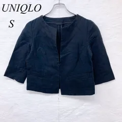 e6025【ユニクロ】レディース トップス S ブラック ノーカラー 七分袖 ショート丈 無地 前開きデザイン フロントポケット付き