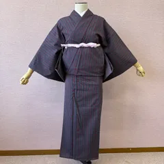 ウール　着物　ウール着物　縦縞　紺　赤　冬物　リサイクル着物　w-827