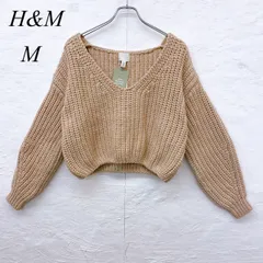 e6031 【エイチアンドエム】 セーター M ベージュ レディース 長袖 短丈 Vネック 無地 ストレッチあり ポリエステル アクリル ウール混紡