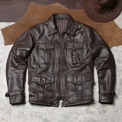 《新品未使用》ハンティング多ポケット 本革ジャケット メンズ ラペル襟 牛革ワークコート (K)