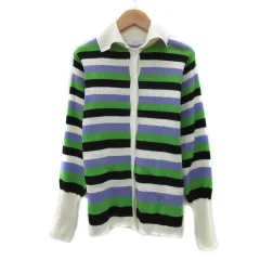 ジーナシス JEANASIS リブニットカーディガン ミドル丈 ボーダー柄 襟付き F マルチカラー 白 ホワイト /YS34