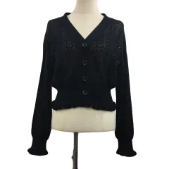 ナイスクラップ NICE CLAUP continuer de カーディガン ニット Vネック 無地 透け感 透かし編み レース フリル 長袖 F 黒 ブラック