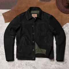《新品未使用》ブラックナイト 本革ヴィンテージ ワークジャケット ラペル襟 ショート丈 タイトフィット 無コーティング 起毛山羊革アウター (K)