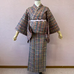 紬　単衣　紬着物　格子　青　オレンジ　リサイクル着物　t-829