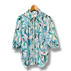 Leilian レリアン 総柄 ブラウス 半袖 透け感 カジュアル シースルー 爽やか シャツ ハート柄 レディース サイズ13 ブルー系 夏 久喜倉庫店 1 No.K1016