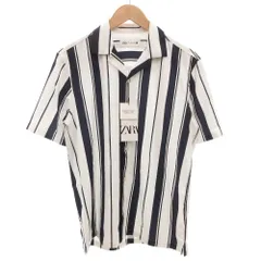 ザラ ZARA タグ付き ストライプオープンカラーシャツ 開襟 半袖 S ストレッチ 紺 ネイビー 白 ホワイト /GV