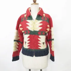 hand feeling ニットジャケット 長袖 ジップアップ 総柄 ウール 赤 白 緑 レッド ホワイト グリーン