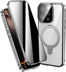 覗き見防止 強化ガラスフィルム一体型 iPhone 16 Pro Max 用 アルミケース 両面保護 MagSafe対応 隠しスタンド ロック付き アイフォン16プロマックス アルミバンパーケース スマホケース 9H強化ガラス PC背面 カメラレンズ保護