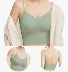 [ヴェーミア] ブラ付きキャミソール Vネック シンプル脇高設計 高弾性 柔らかい 吸汗吸湿速乾 【夏 レディース キャミソール】エレガントノンワイヤー薄手高伸縮 シワ防止 レディース タンクトップ 下着 快適ヨガウェア (ライムグリーン,M)