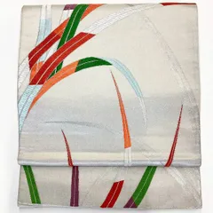 ［6184］袋帯 草木文様 刺繍 銀彩 シルバー 六通 正絹 着物 フォーマル