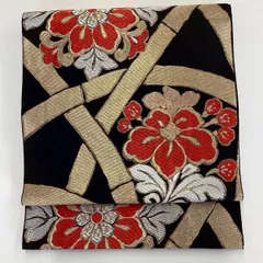 ［6187］袋帯 草花竹文様 金糸 六通 正絹 着物 フォーマル 黒