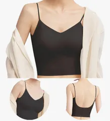 [ヴェーミア] ブラトップ キャミソール スーツ インナー タンクトップ カップ付きレディースVネック シンプル柔らかい【肩紐調節可・締め付け感ない・冷感キャミソール】 伸縮性 無地 速乾 通気性(ブラック,M)