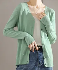 【グリーン】レディース カーディガン Vネック ニット セーター 長袖 シンプル きれいめ 薄手 無地 オフィスカジュアル 春 秋 冬 上品 羽織り おしゃれ