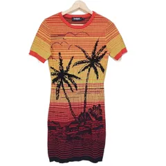 Desigual(デシグアル) ワンピース サイズL レディース美品  - 黒×ボルドー×マルチ クルーネック/半袖/ひざ丈/ボーダー